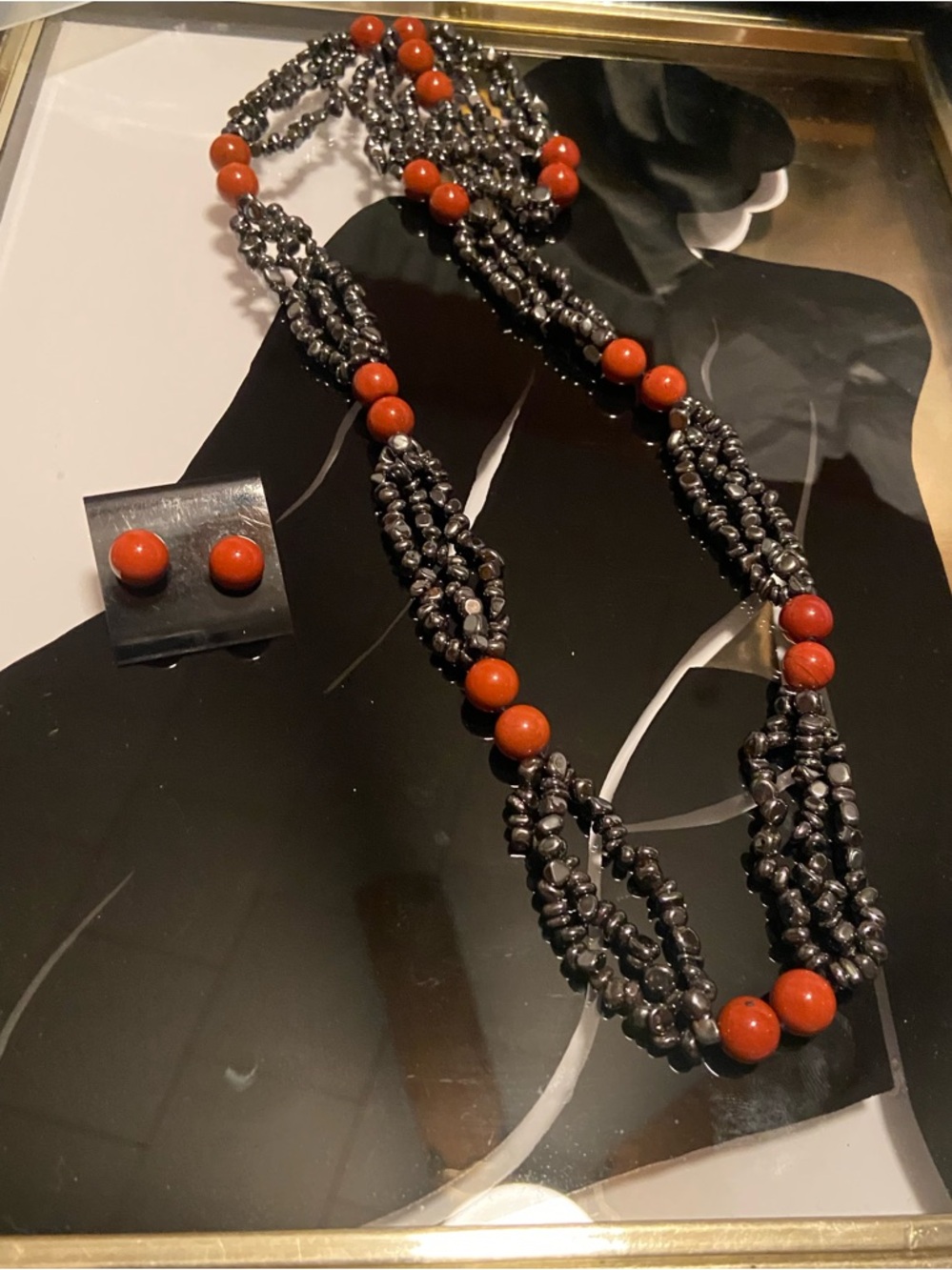 Multi-Strand Hematite and Coral Bead Necklace with Coral Stud Earrings #8